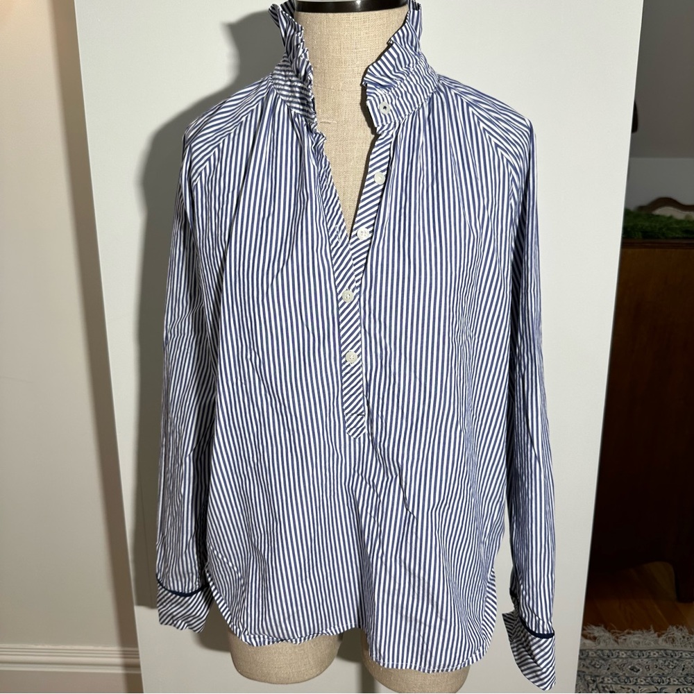 Vineyard Vines Blue & White Pin Striped Button Down with Ruffle Collar — Size 10